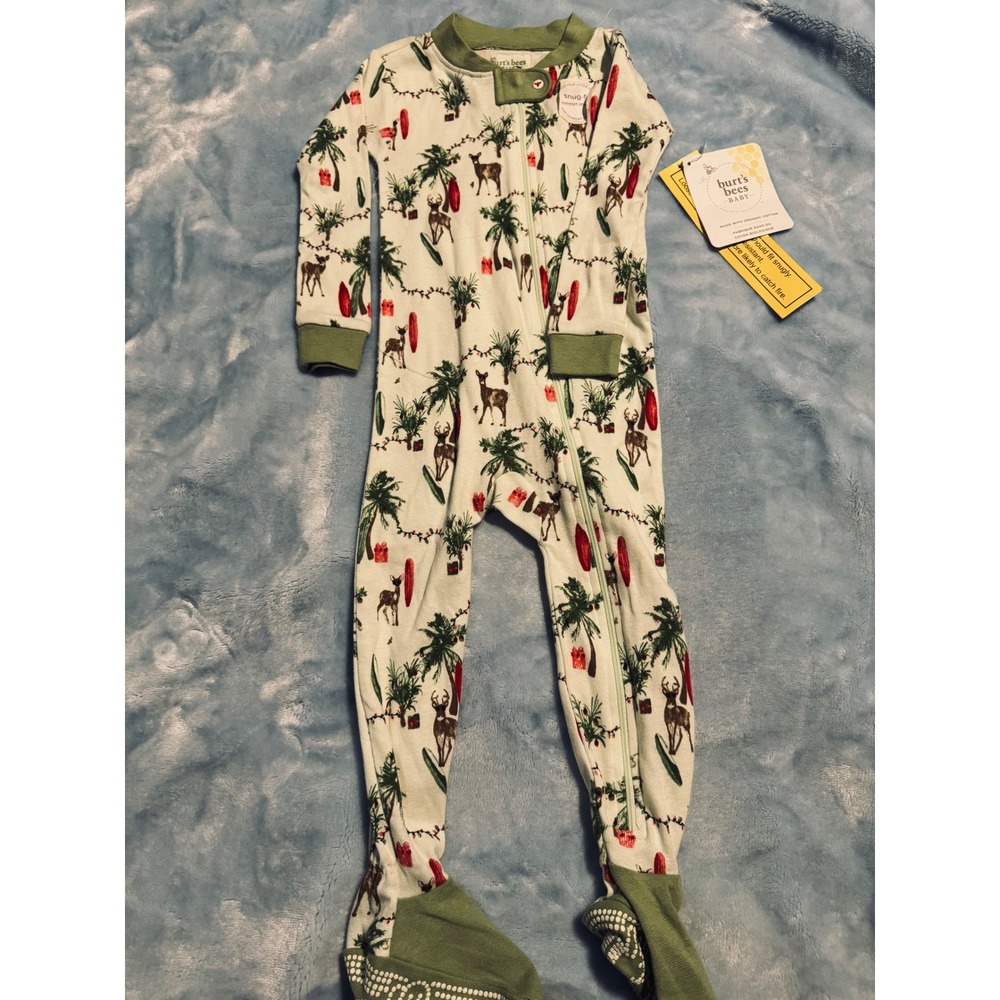 Burts Bees Baby 18M Organic Cotton Footed Pajamas Tropical Holiday Deer Palm